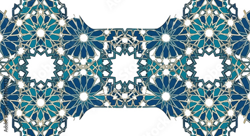 Intricate azure arabesque pattern evoking geometric harmony and cultural richness, showcasing precision in design and symmetrical arrangement on a