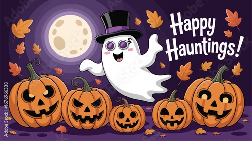 Spooky ghost with top hat and jack o lanterns on Happy Hauntings night halloween