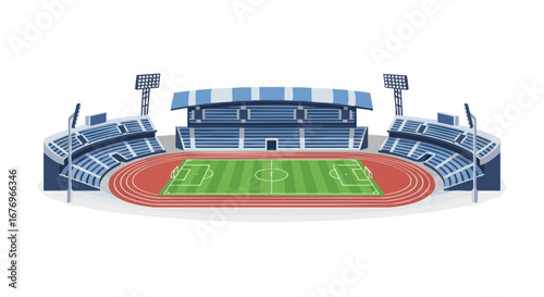Stylized vector illustration depicting a stadium and its athletic field of play and surrounding grandstands