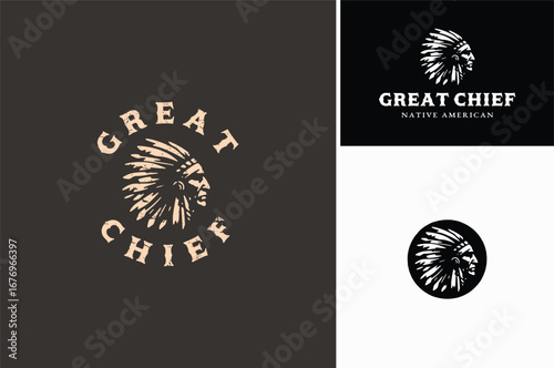 Rustic American Native Indigenous Old Man wearing headdress, Vintage Indian Tribe Chief Silhouette Illustration Badge Label logo design