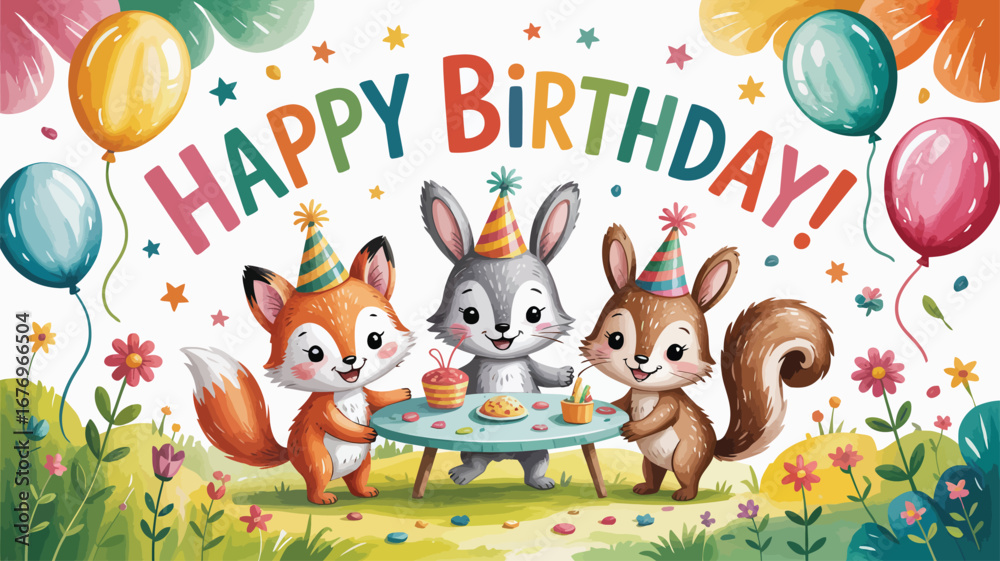 Fototapeta premium Three cute animals celebrate birthday with cake and balloons celebration party
