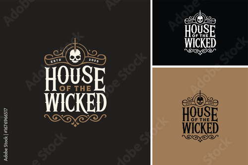 Decorative Typography of House of The Wicked with knife skull floral frame and ribbon scroll for halloween poster label logo design