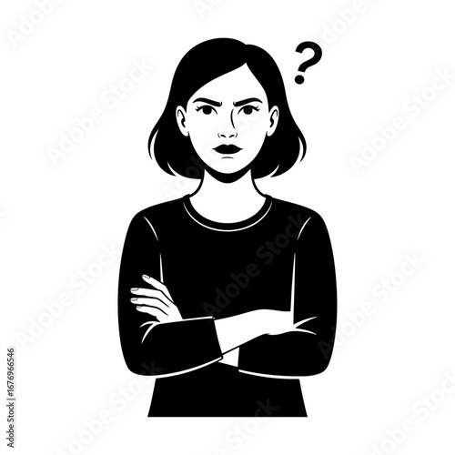 black and white silhouette vector illustration of a woman with arms crossed showing confusion or questioning expression