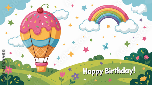 Whimsical Birthday Greeting with Cupcake Hot Air Balloon and Rainbow vector illustration