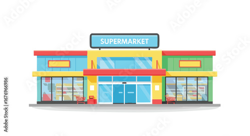 Colorful Supermarket Building Front View Illustration for Retail and Shopping Themes with Clean Lines and Simple Design Elements perfect for