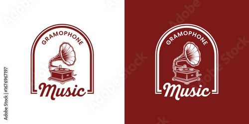 Gramophone logo with music record player badge in vintage style vector design