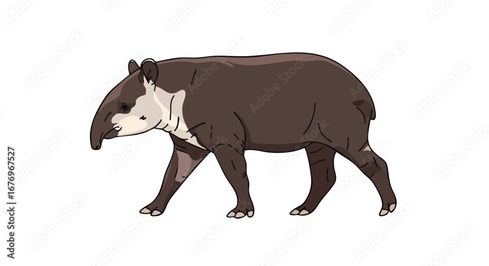 Fototapeta premium Isolated illustration featuring a brown tapir gracefully walking on a plain white background showcasing wildlife diversity for environmental awareness