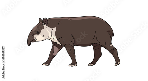 Isolated illustration featuring a brown tapir gracefully walking on a plain white background showcasing wildlife diversity for environmental awareness