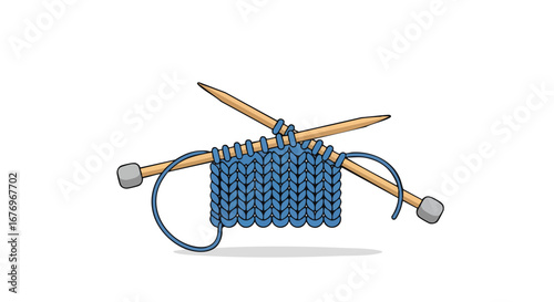Tranquil texture: Detailed view of knitting in progress with needles and yarn on the white surface, a hobby of blue knitting handmade craft