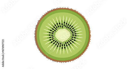 Isolated stylized kiwi fruit slice revealing green flesh, radiating spikes, and ring of black seeds, offering a refreshing and illustrative design