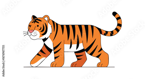 Stylized cartoon tiger illustration with orange fur and black stripes, walking on a plane white background