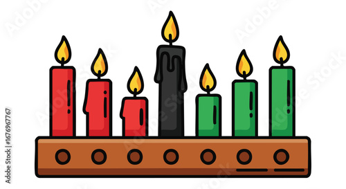 Kinara with Seven Lit Candles: A Symbolic Representation of Kwanzaa Principles and Cultural Heritage Celebrations