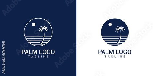 Palm tree logo with landscape and moon vector design