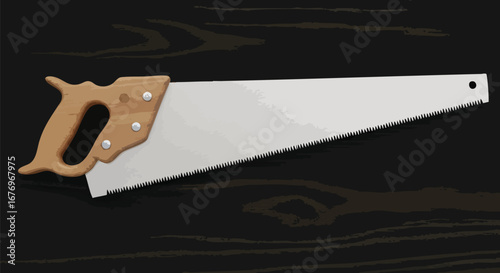 Hand Saw Illustration on Dark Wood Background, Displaying Sharp Toothed Blade and Wooden Grip with Rivets, Ready for Woodworking Projects