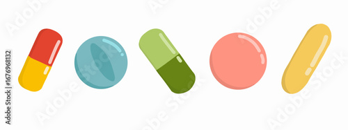 Pills and capsules vector illustration set. Hand drawn medications in different sizes and shapes isolated on white background