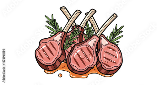 Grilled lamb chops with rosemary garnish illustration showcases culinary artistry with delicious flavors creating an appetizing and visually