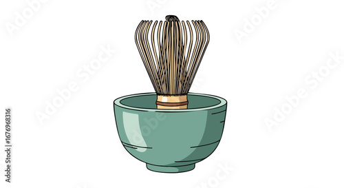 Elegant depiction of a chasen inside a chawan, tools integral to the traditional Japanese tea ceremony offering a glimpse into cultural practices