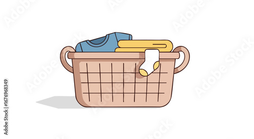 Charming Laundry Basket Illustration Overflowing with Clothes Ready for Washing Chore Depiction
