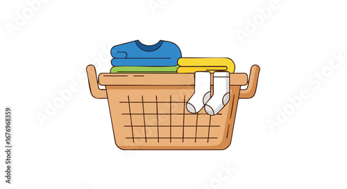 Charming vector illustration showcasing a laundry basket filled with folded clothes and socks, evoking a sense of tidiness and homeliness