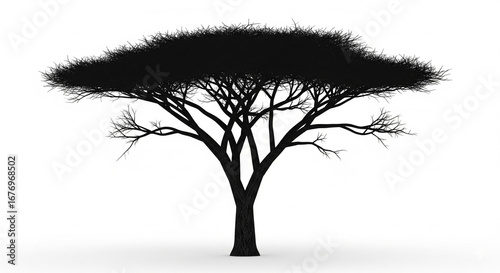 Black Silhouette of an Acacia Tree with Sparse Foliage on Isolated transparent background