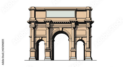 Illustrated ancient architectural triumphal arch with symmetrical design and classical style, creating a sense of historical grandeur and timeless