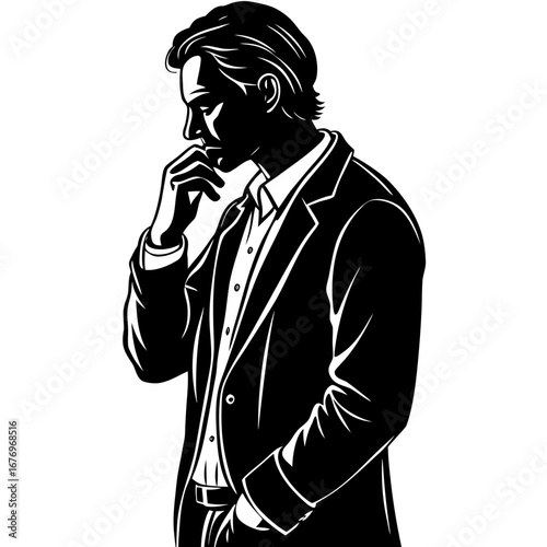 Silhouette of a man in a suit, deep in thought, hand to chin.