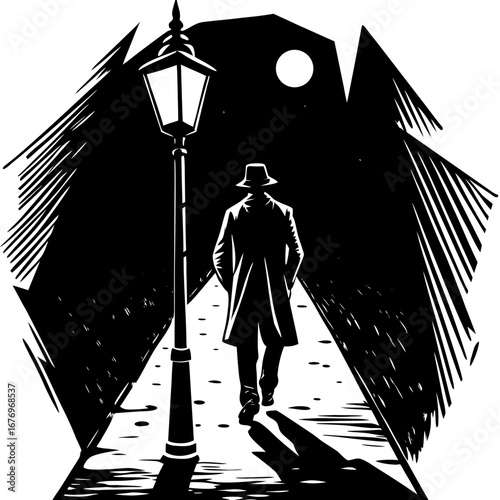 A lone man walks down a dark street at night, illuminated only by a lamppost and the moon.