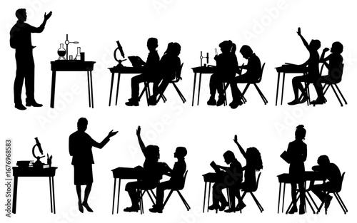 Back to school. Teacher and pupils silhouettes on white background. Vector illustration.	
