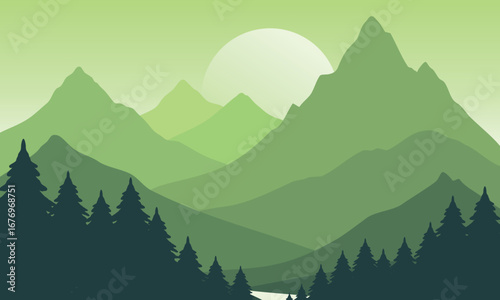 Vector green mountain landscape with clear sky, sunset behind the mountains and silhouettes of trees and calm lake water