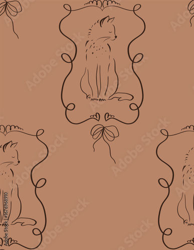 Elegant Cat Frame Seamless Pattern — Vintage Line Art