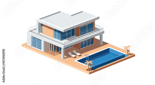 Isometric Dream Home: A Modern Villa with Pool and Lush Palm Trees for Relaxing Vacations and Serene Living