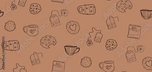 Tea Time Seamless Pattern — Cups, Cookies & Tea Bags