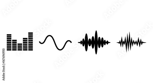 Sound wave icons in a black and white vector set, perfect for audio, music, and voice designs.