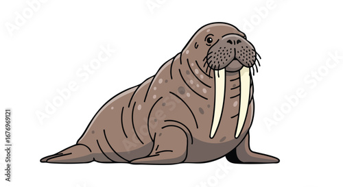 Delightful depiction of a cartoon walrus with prominent tusks against pristine white background offering a captivating visual treat for all
