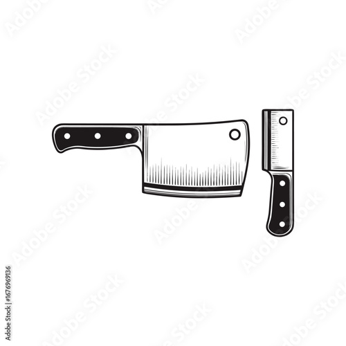 Butcher Cleaver Icon: A detailed monochrome illustration of a butcher cleaver, presented in two distinct orientations, showcasing the sharp blade and sturdy handle.