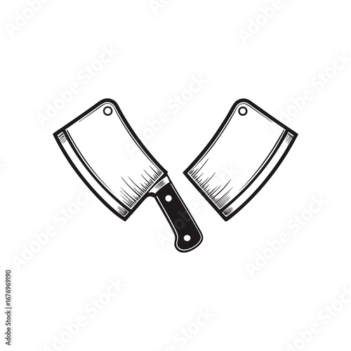 Cleaver Tools: A bold, monochrome drawing showcases a meat cleaver and its blade, meticulously illustrated with strong lines and careful shading, a timeless image of the butcher's craft.