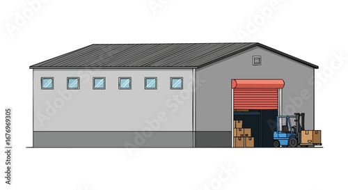 Depiction of a commercial distribution center showcasing loading and unloading operations with forklift and packages, conveying logistical readiness