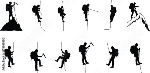 Silhouette of Climbers Rappelling, Hiking, and Mountaineering with Gear on Rope, Mountain Exploration, Extreme Outdoor Adventure and Trekking Scene