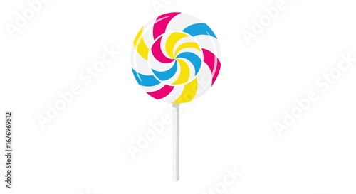 Whimsical swirl lollipop illustration with vibrant colors and minimalist white background perfectly balanced composition and clarity 75 characters