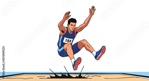 Illustration of a male athlete performing a long jump with arms raised and number 184 on his top showcasing power and agility with digital rendering