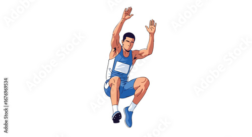 Dynamic illustration of a male athlete executing a jump with stylized rendering and action posture conveying athleticism in the air
