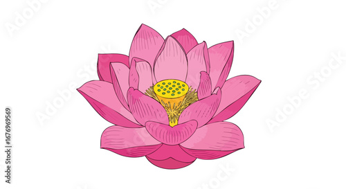 Elegant pink lotus flower illustration with detailed petals and a vivid yellow center isolated on a bright white background