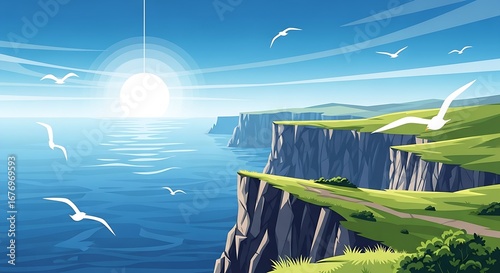 A scenic view of ocean cliffs with seagulls flying under a bright sun and blue sky illustration