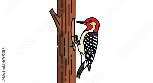 Animated woodpecker clings to the bark of a tree in a vibrant and colorful illustration  depicting nature's wonders and artistic expression