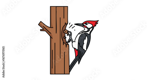 Cartoon Woodpecker Excavating Nest Cavity in a Cartoon Tree Trunk on a White Background Illustration