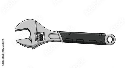 Illustration of a silver adjustable wrench with a black handle for mechanical or plumbing repairs displayed horizontally