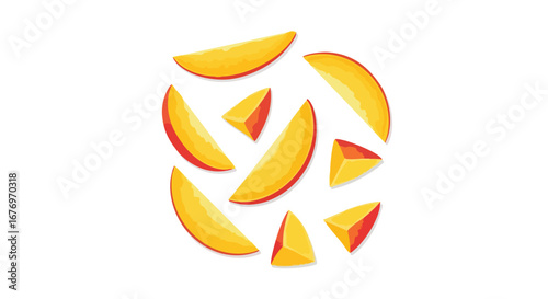 Abstract depiction of mango slices arranged in a circular pattern on white background, with vibrant shades of yellow and red colors, for a playful