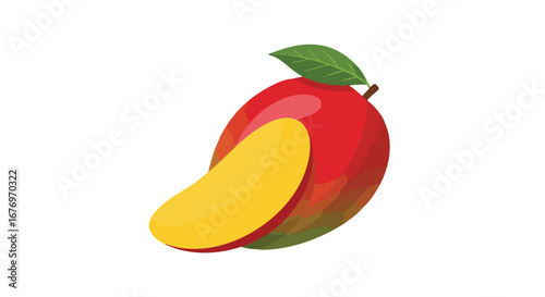 Vibrant mango illustration featuring a sliced portion and a fresh green leaf isolated on a plain background offering a clean and appetizing