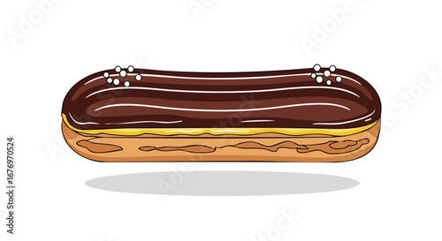 Exquisite vector illustration of a decadent chocolate éclair with delicate pearl accents, perfect for pastries and confectionery themed designs