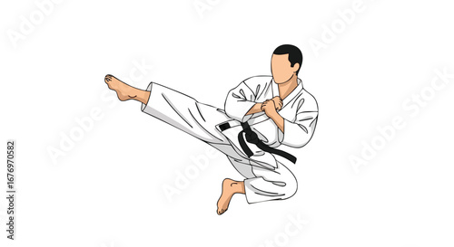 Dynamic Karate Stance: Illustration of Focused Martial Artist Executing a Precise Kick with Elegance and Power in a Clean Isolated Setting
